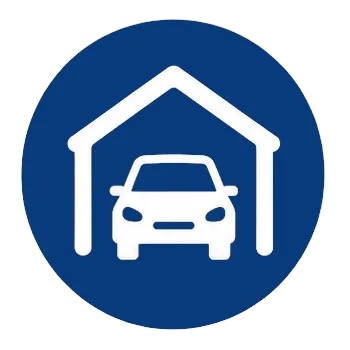 Icon of a white car under a curved roof inside a blue circle, representing a garage or carport